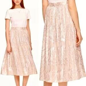 Kate Spade Silk Metallic A-Line Midi Skirt Soft Pink Chiffon Silver Metallic